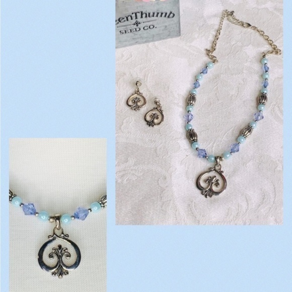 Blue Pearl, Lavender/Silver Bead Heart Necklace 16”-18” & 1” Earrings
